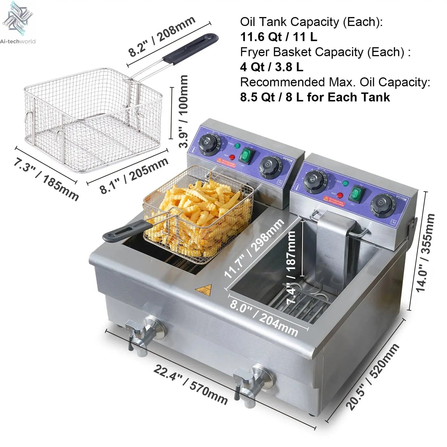 SucceBuy  12L Electric Deep Fryer w/Dual Removable Tanks Commercial Countertop  Fryer for Chicken French Fries Frying Chips Ai-TechWorld 