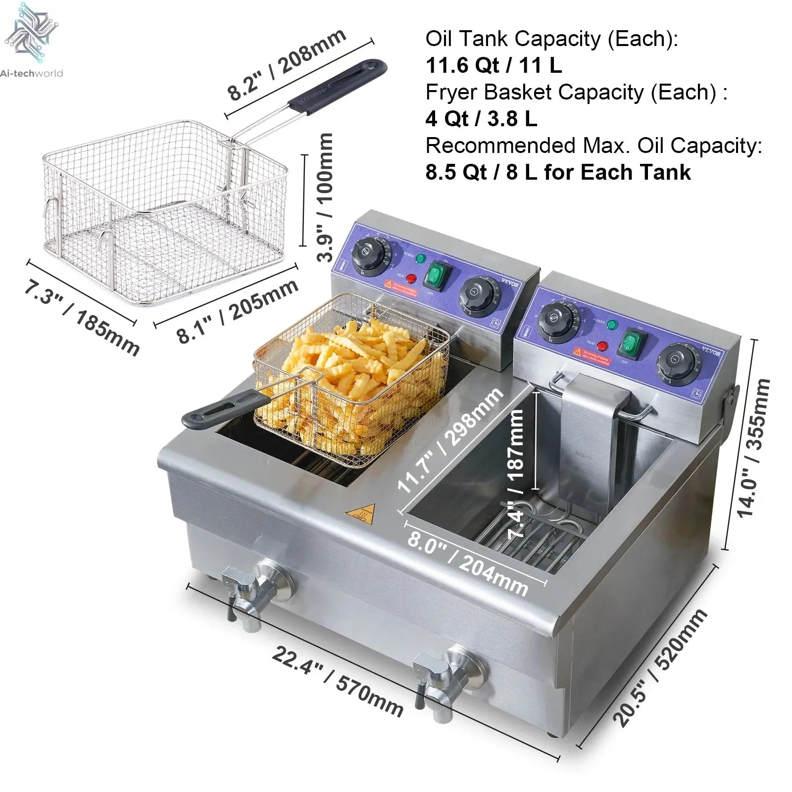 SucceBuy  12L Electric Deep Fryer w/Dual Removable Tanks Commercial Countertop  Fryer for Chicken French Fries Frying Chips Ai-TechWorld 