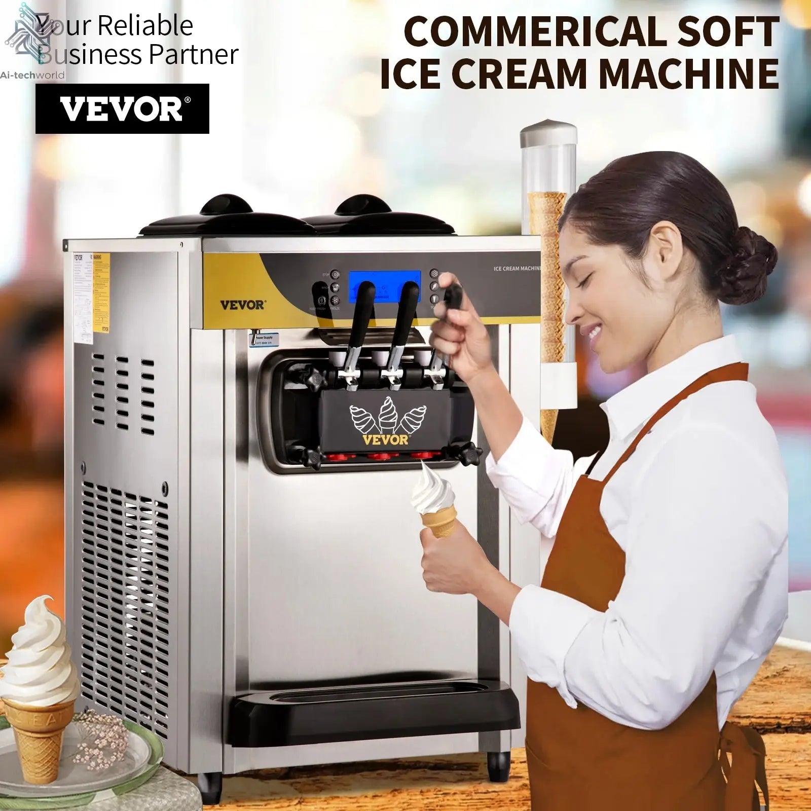 SucceBuy 22-30 L/H Soft Ice Cream Machines Commercial Tricolor Desktop Sweet Cone Freezing Equipment Vending Machine Ai-TechWorld 