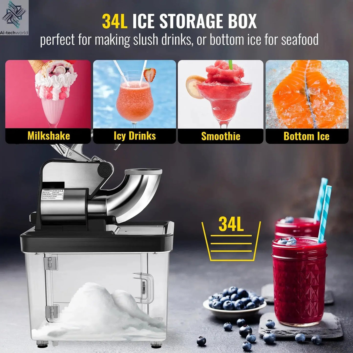 SucceBuy Electric Snow Cone Machine Ice Shaver Crusher Granizing Glass Blender Mixer Chopper Stainless Steel Colder Commercial Ai-TechWorld 