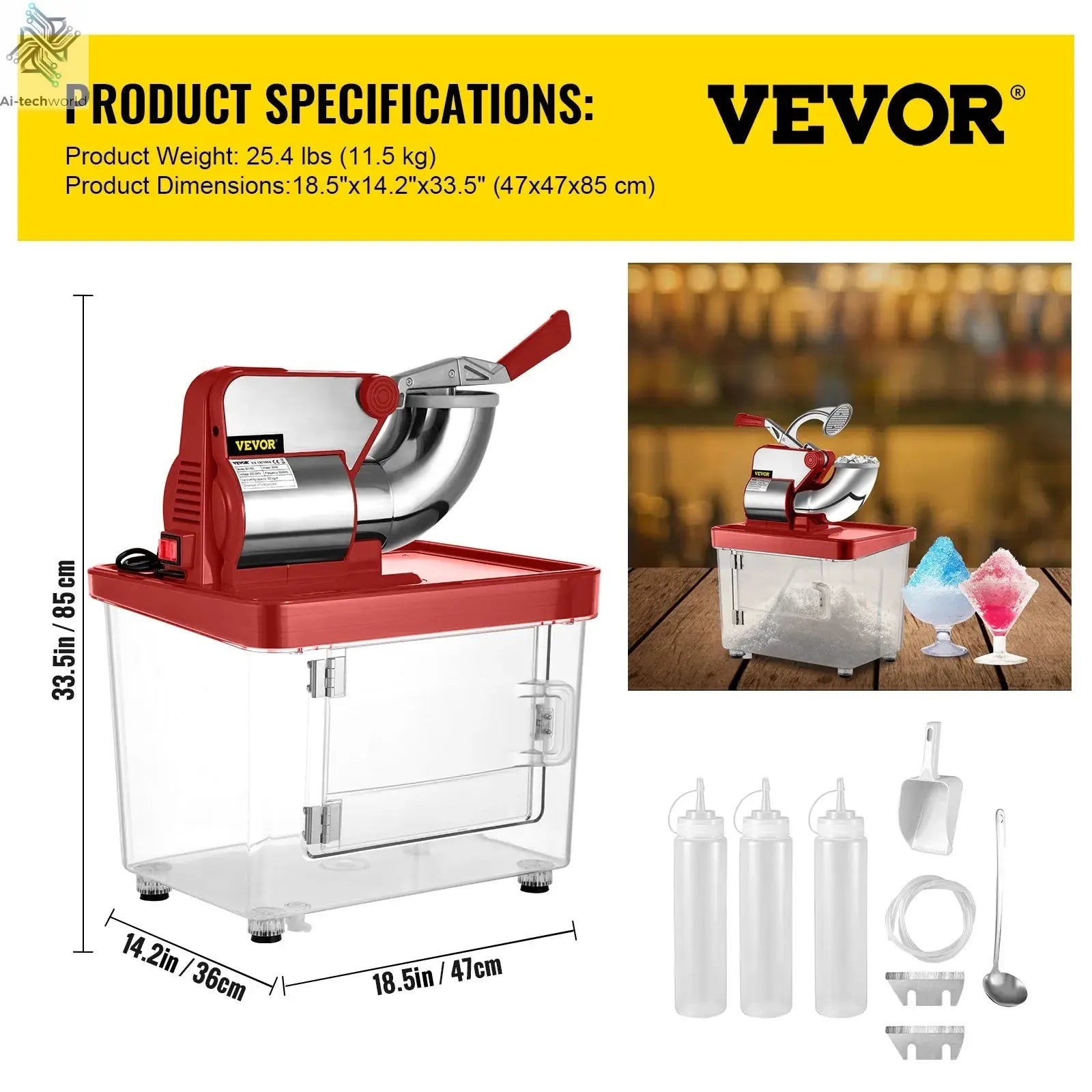 SucceBuy Electric Snow Cone Machine Ice Shaver Crusher Granizing Glass Blender Mixer Chopper Stainless Steel Colder Commercial Ai-TechWorld 