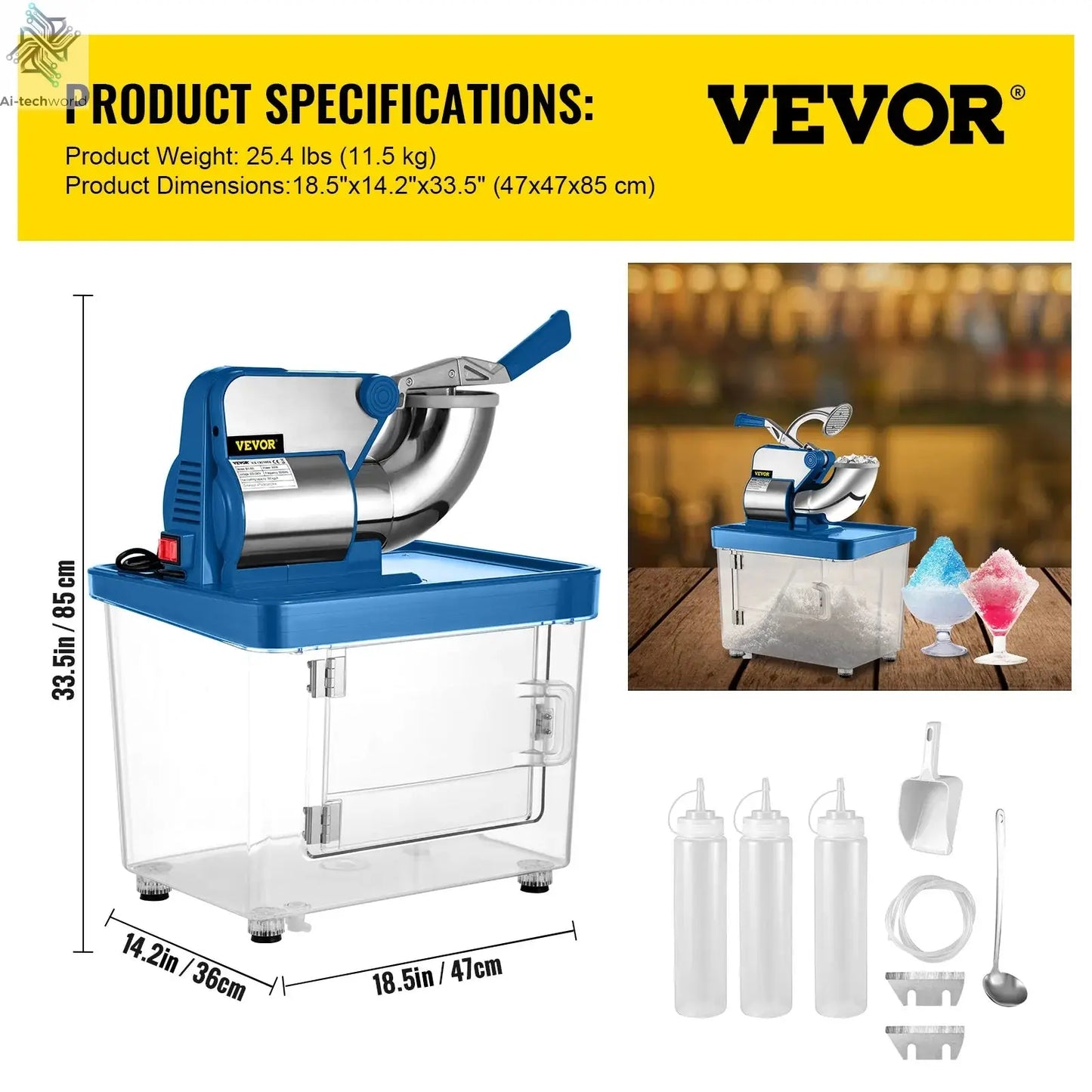 SucceBuy Electric Snow Cone Machine Ice Shaver Crusher Granizing Glass Blender Mixer Chopper Stainless Steel Colder Commercial Ai-TechWorld 