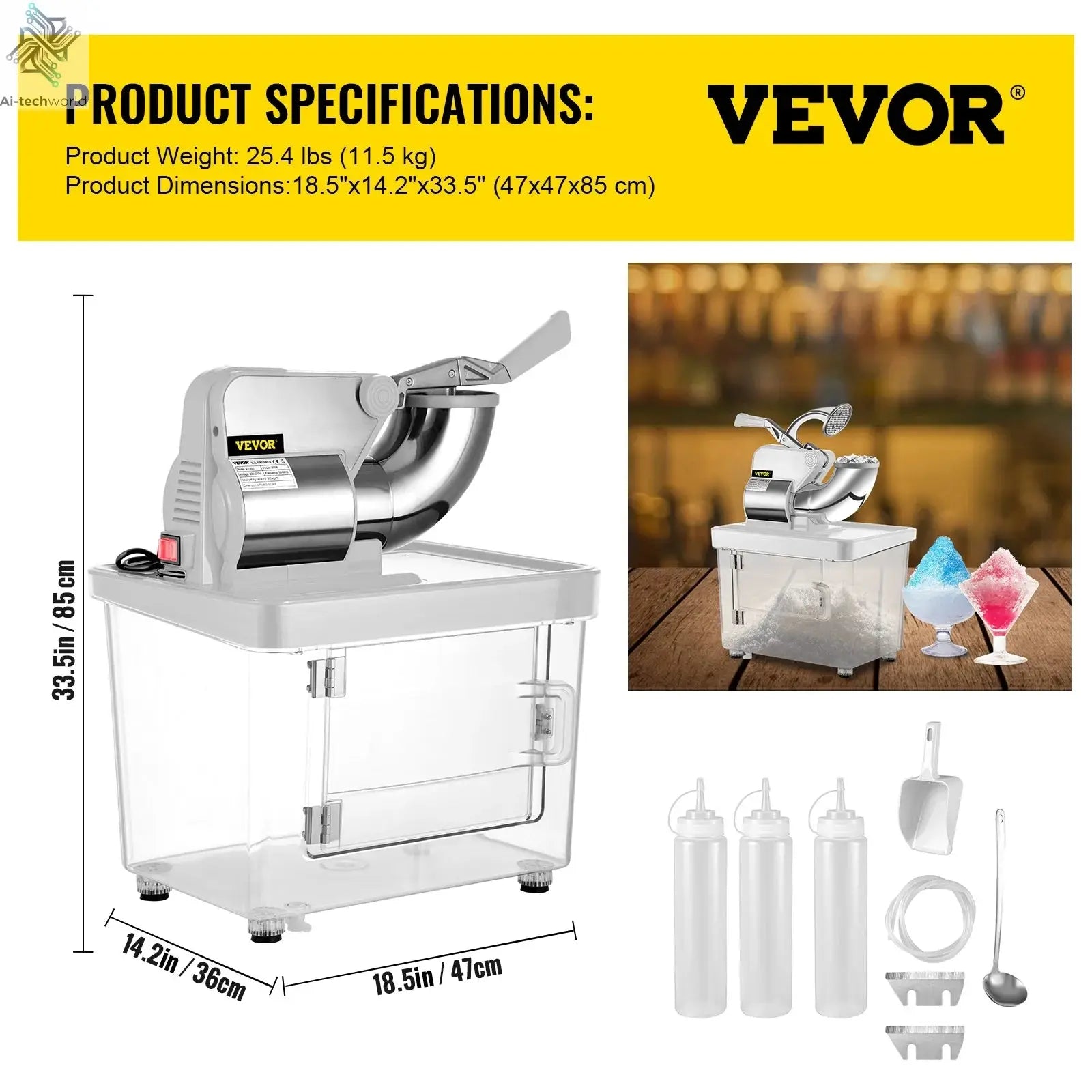 SucceBuy Electric Snow Cone Machine Ice Shaver Crusher Granizing Glass Blender Mixer Chopper Stainless Steel Colder Commercial Ai-TechWorld 