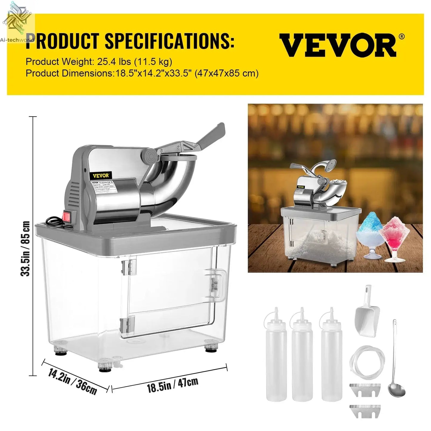 SucceBuy Electric Snow Cone Machine Ice Shaver Crusher Granizing Glass Blender Mixer Chopper Stainless Steel Colder Commercial Ai-TechWorld 