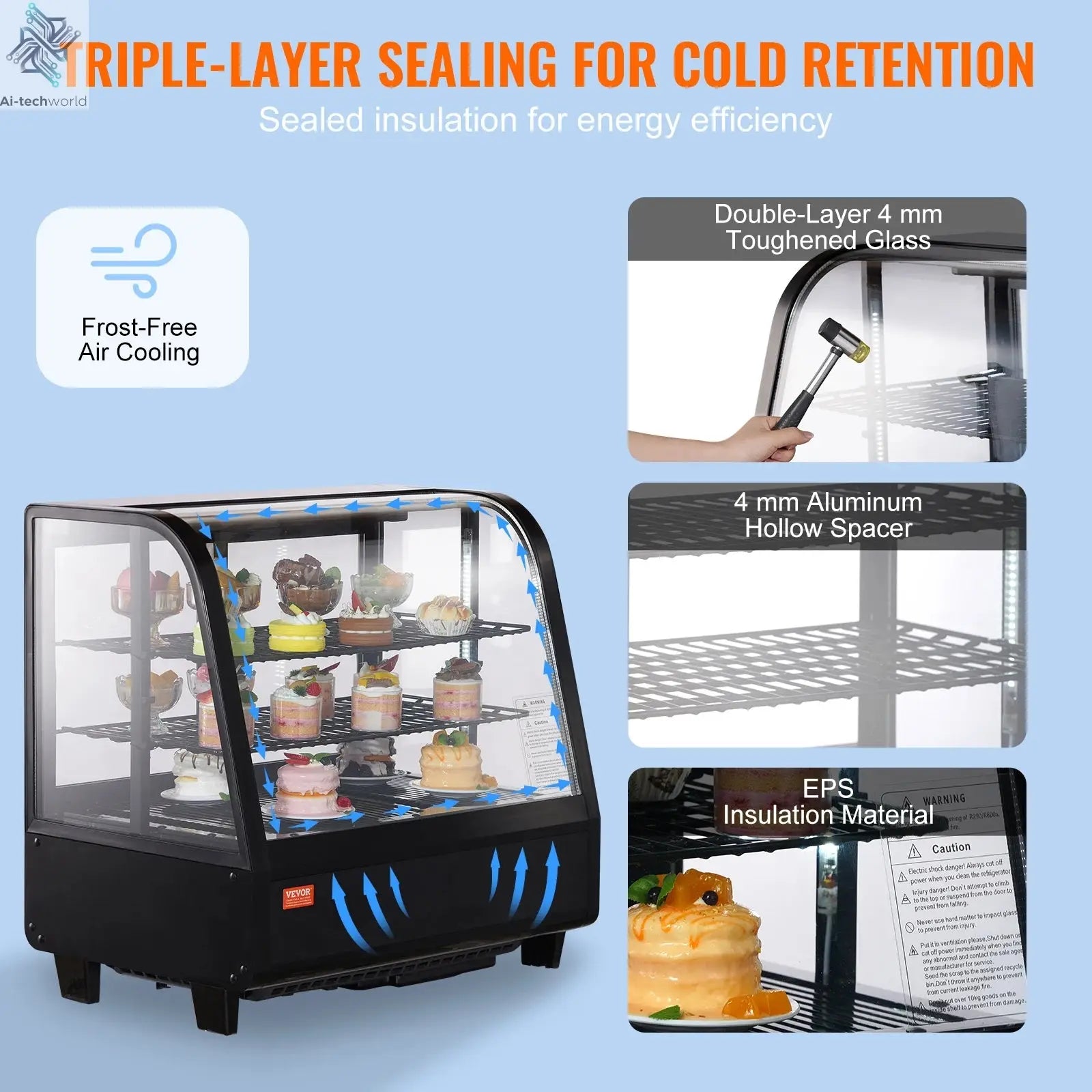 SucceBuy Refrigerated Display Case Countertop Pastry Display Case LED Lighting TURBO Cooling Frost Free Air Cooling Ai-TechWorld 
