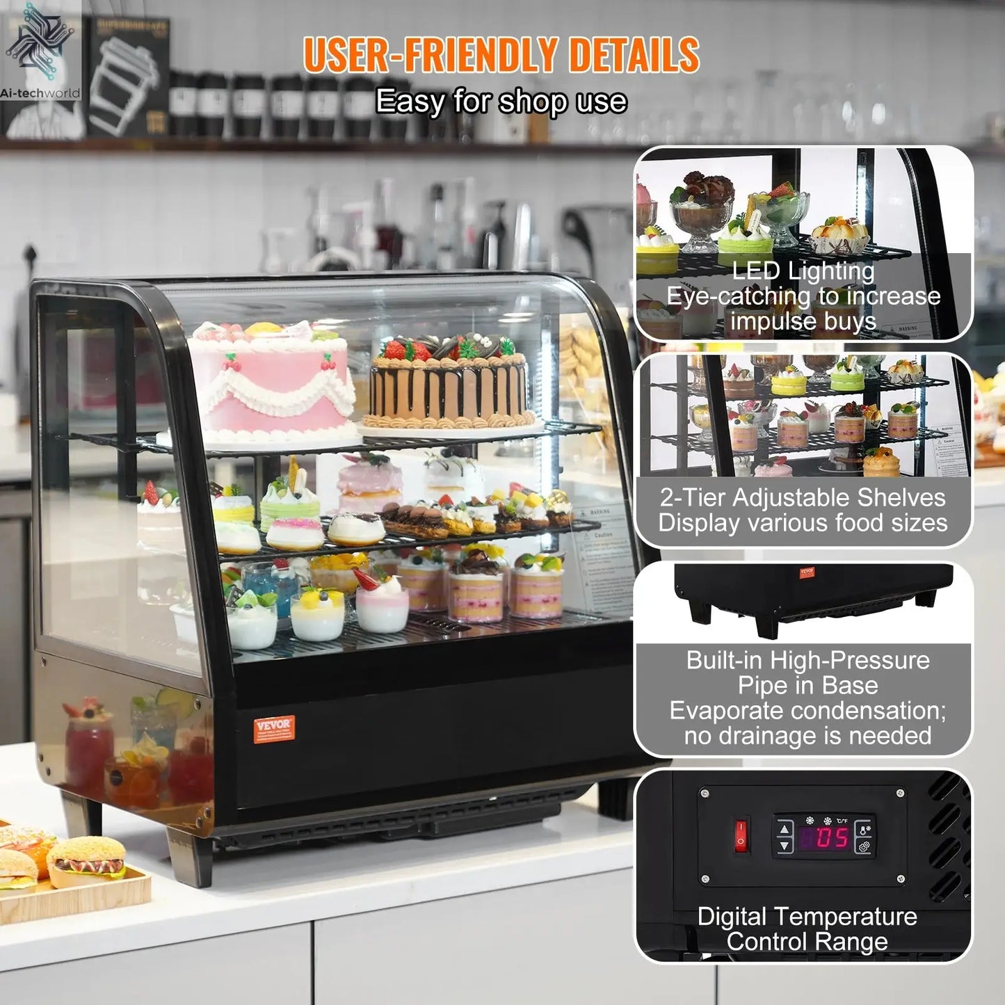 SucceBuy Refrigerated Display Case Countertop Pastry Display Case LED Lighting TURBO Cooling Frost Free Air Cooling Ai-TechWorld 