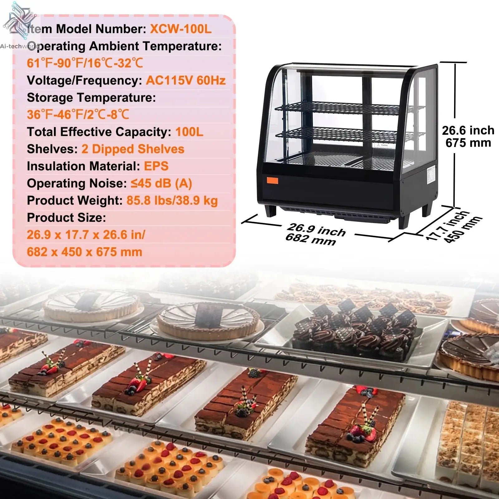SucceBuy Refrigerated Display Case Countertop Pastry Display Case LED Lighting TURBO Cooling Frost Free Air Cooling Ai-TechWorld 