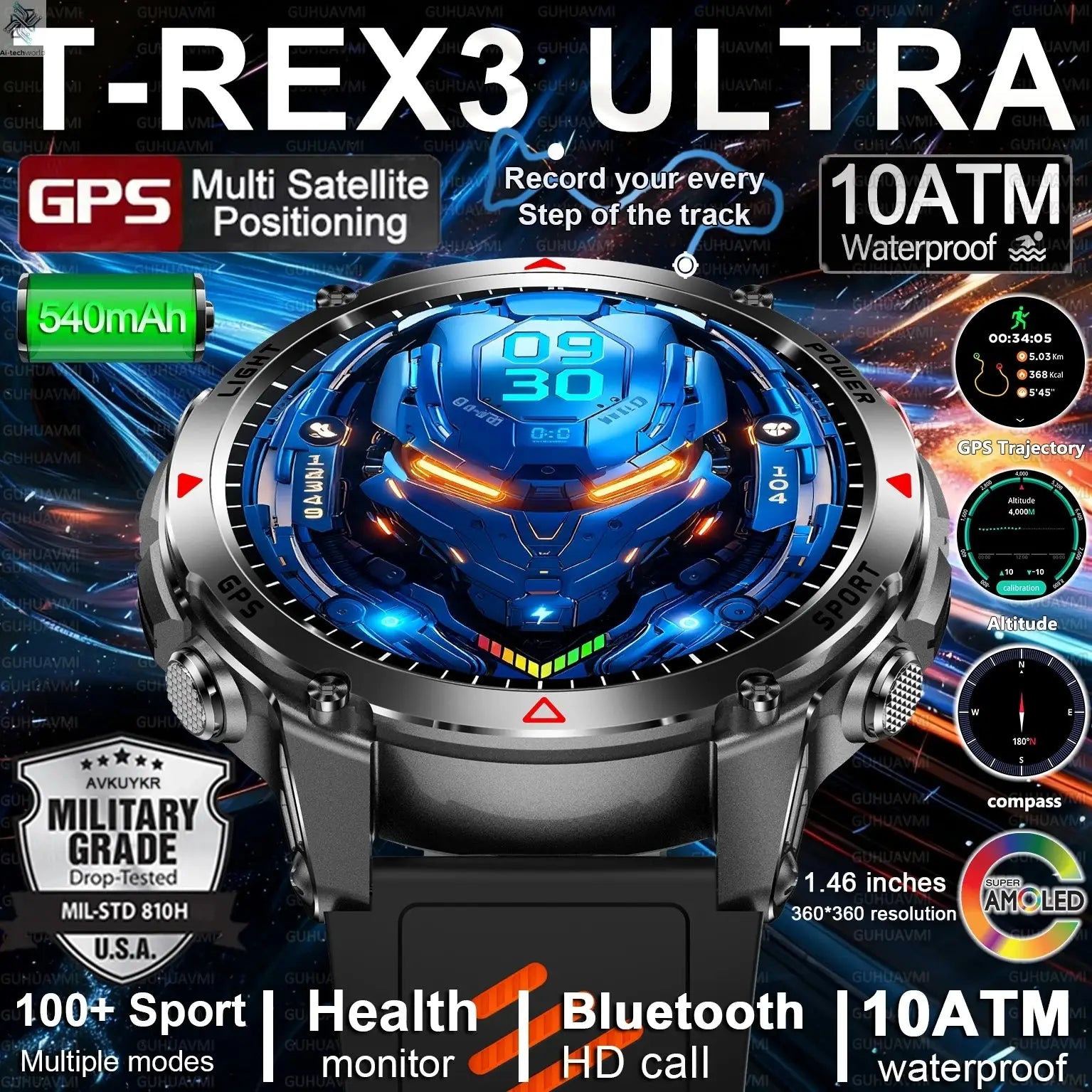 T-REX3 Men GPS Outdoor Sports SmartWatch Military quality AMOLED HD Screen Display Heart Rate BT Call 10ATM Waterproof Bracelet - Ai-TechWorld