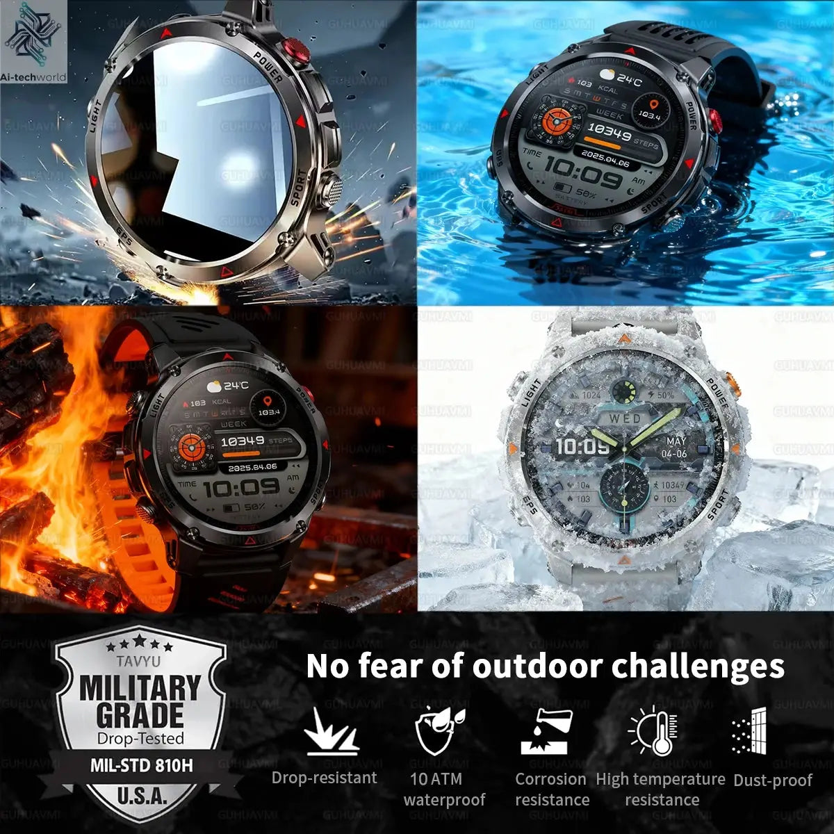 T-REX3 Men GPS Outdoor Sports SmartWatch Military quality AMOLED HD Screen Display Heart Rate BT Call 10ATM Waterproof Bracelet - Ai-TechWorld