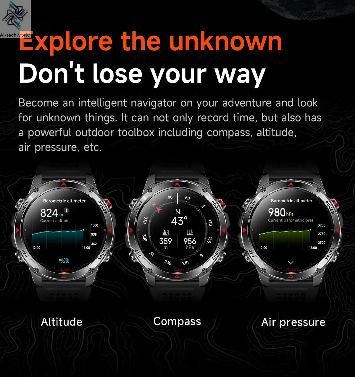 T-REX3 Men GPS Outdoor Sports SmartWatch Military quality AMOLED HD Screen Display Heart Rate BT Call 10ATM Waterproof Bracelet - Ai-TechWorld