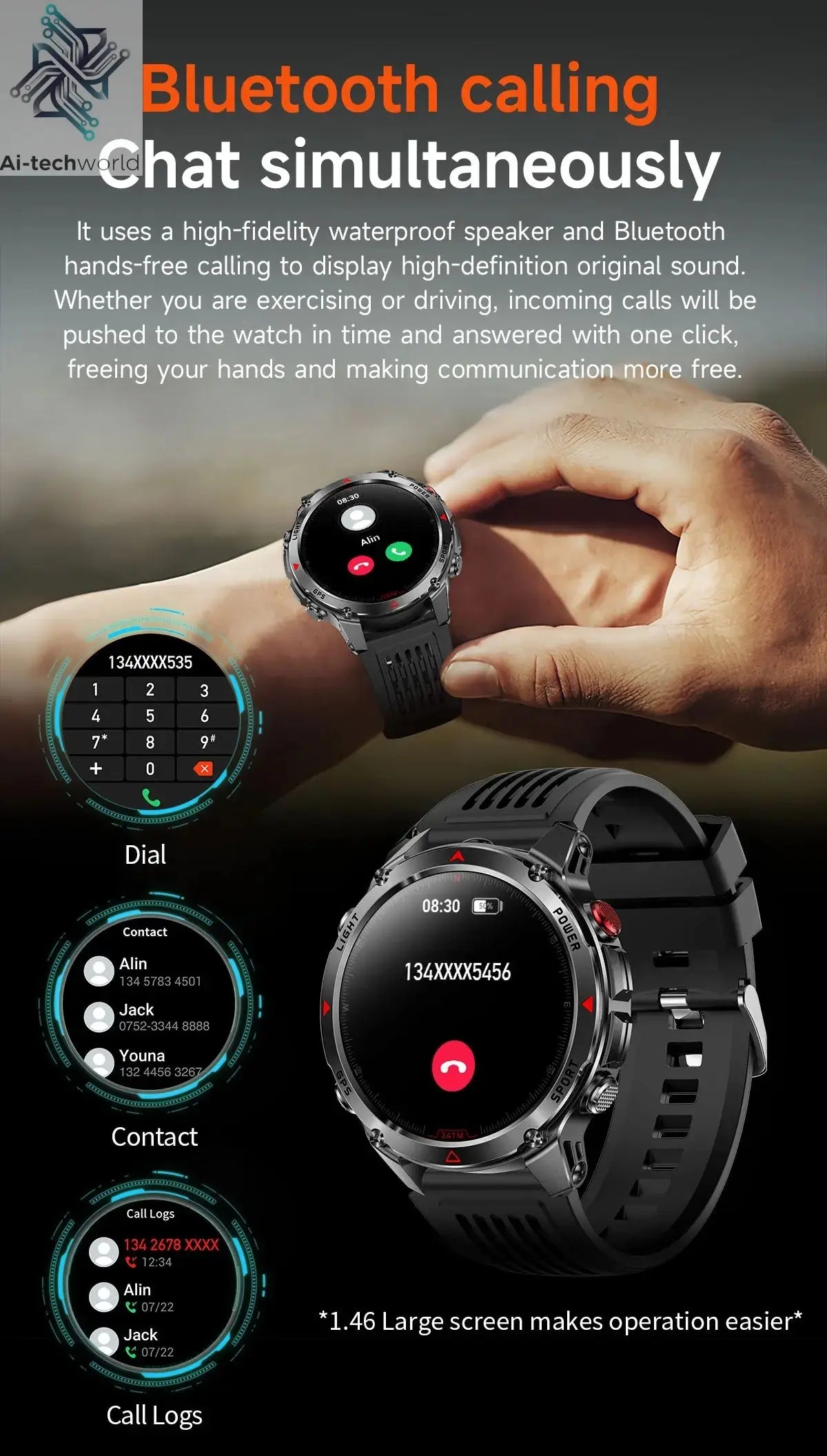 T-REX3 Men GPS Outdoor Sports SmartWatch Military quality AMOLED HD Screen Display Heart Rate BT Call 10ATM Waterproof Bracelet - Ai-TechWorld