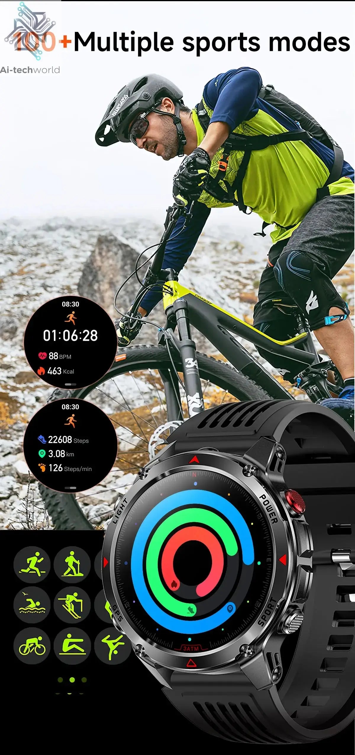 T-REX3 Men GPS Outdoor Sports SmartWatch Military quality AMOLED HD Screen Display Heart Rate BT Call 10ATM Waterproof Bracelet - Ai-TechWorld