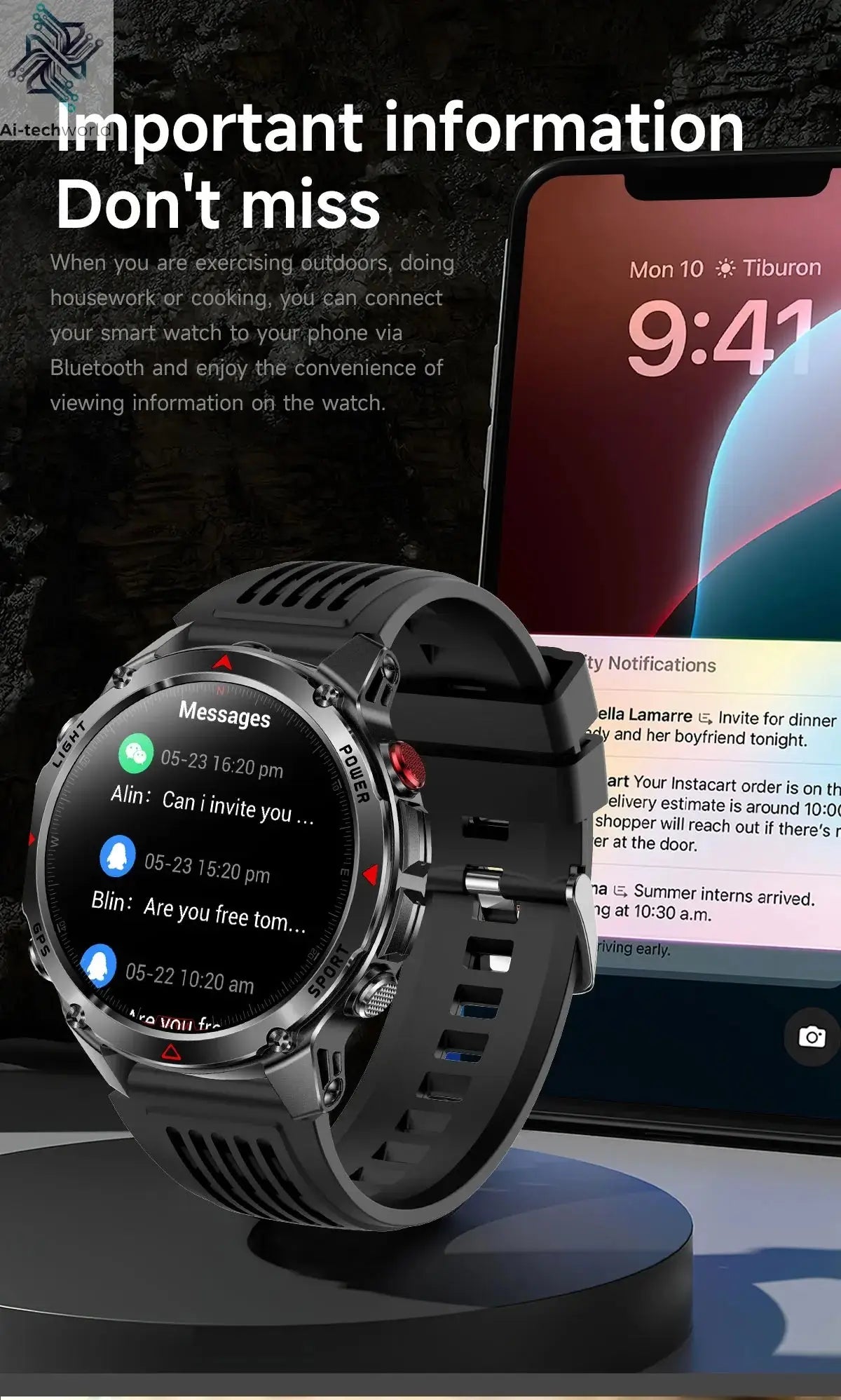 T-REX3 Men GPS Outdoor Sports SmartWatch Military quality AMOLED HD Screen Display Heart Rate BT Call 10ATM Waterproof Bracelet - Ai-TechWorld
