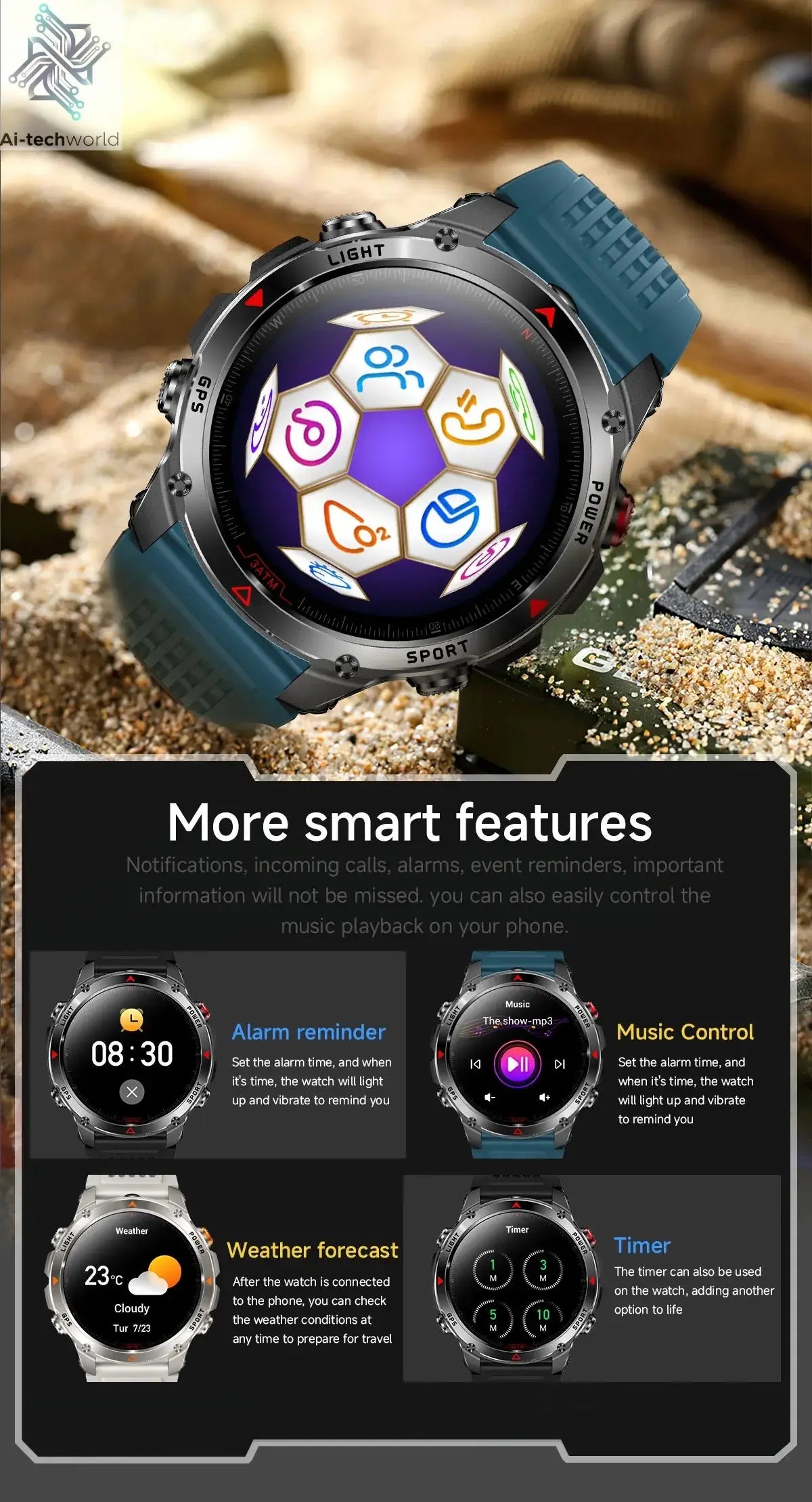 T-REX3 Men GPS Outdoor Sports SmartWatch Military quality AMOLED HD Screen Display Heart Rate BT Call 10ATM Waterproof Bracelet - Ai-TechWorld