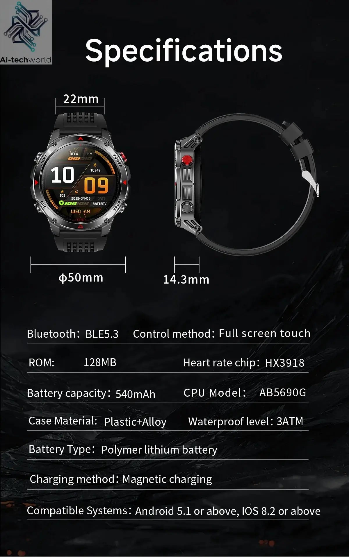 T-REX3 Men GPS Outdoor Sports SmartWatch Military quality AMOLED HD Screen Display Heart Rate BT Call 10ATM Waterproof Bracelet - Ai-TechWorld