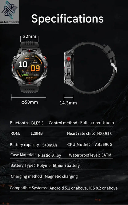 T-REX3 Men GPS Outdoor Sports SmartWatch Military quality AMOLED HD Screen Display Heart Rate BT Call 10ATM Waterproof Bracelet - Ai-TechWorld