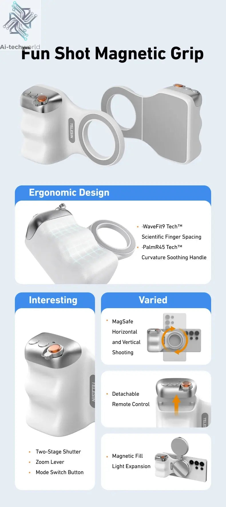 TELESIN Phone Camera Shoot Hand Grip Magnetic Smart Phone Holder Shooting Aid Remote Control Handle For Iphone Android Phone Ai-TechWorld 