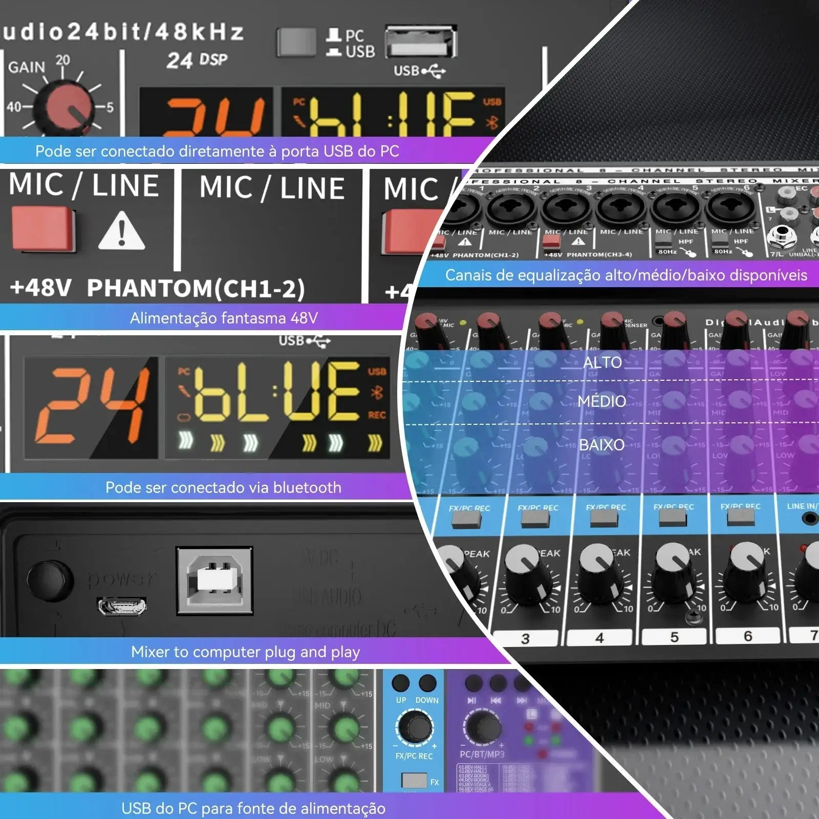 TEYUN A8 Channel Audio Mixer Professional Portable 24 DSP Mixer Sound Table Board Digital MP3 Computer Input 48v Power Number A6 Ai-TechWorld 