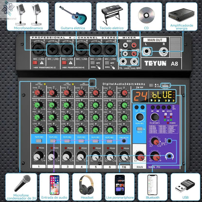 TEYUN A8 Channel Audio Mixer Professional Portable 24 DSP Mixer Sound Table Board Digital MP3 Computer Input 48v Power Number A6 Ai-TechWorld 