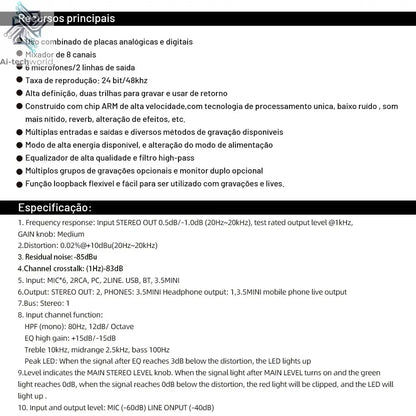 TEYUN A8 Channel Audio Mixer Professional Portable 24 DSP Mixer Sound Table Board Digital MP3 Computer Input 48v Power Number A6 Ai-TechWorld 