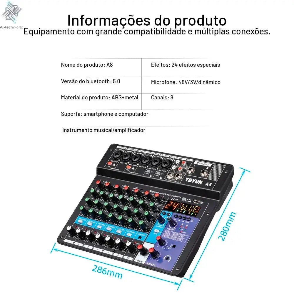 TEYUN A8 Channel Audio Mixer Professional Portable 24 DSP Mixer Sound Table Board Digital MP3 Computer Input 48v Power Number A6 Ai-TechWorld 