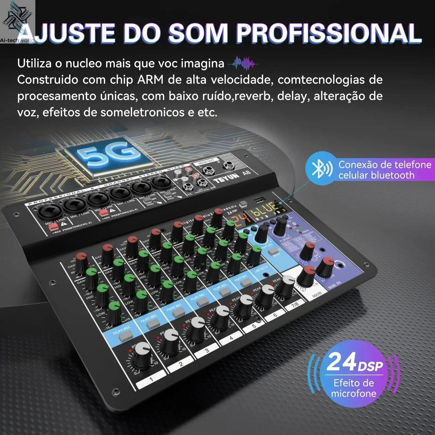 TEYUN A8 Channel Audio Mixer Professional Portable 24 DSP Mixer Sound Table Board Digital MP3 Computer Input 48v Power Number A6 Ai-TechWorld 