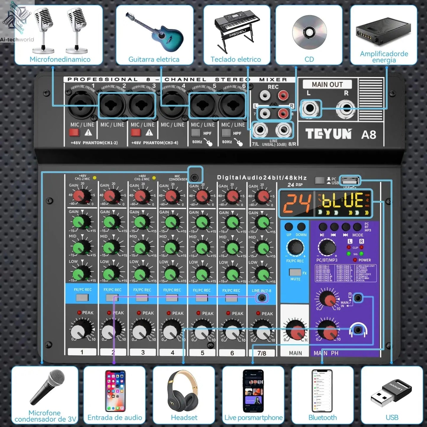 TEYUN A8 Channel Audio Mixer Professional Portable 24 DSP Mixer Sound Table Board Digital MP3 Computer Input 48v Power Number A6 Ai-TechWorld 