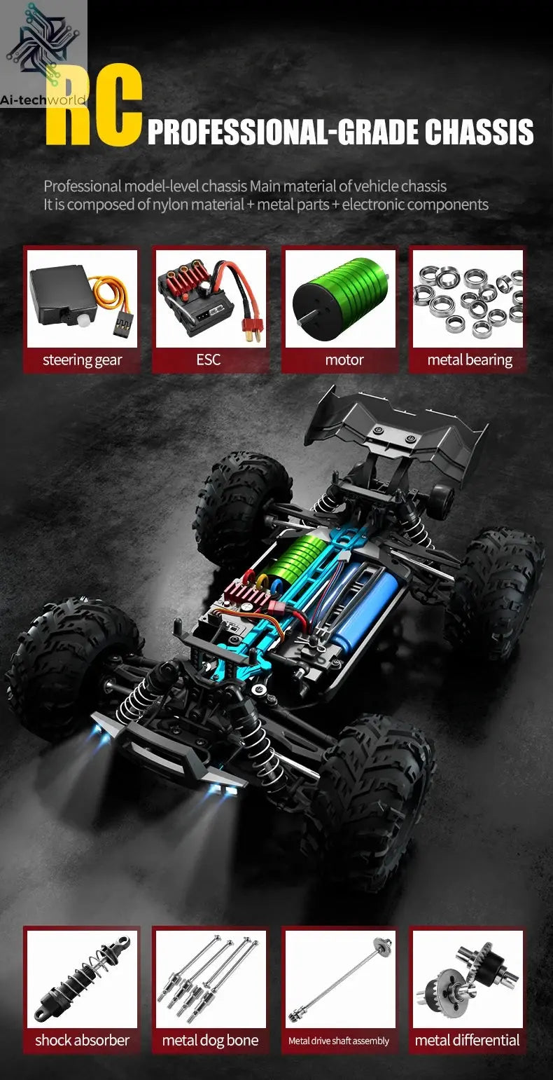 Teeggi 16101 /16102 PRO 1:16 High Speed RC Car With LED Light Drift 70KM/H 4WD RC Off-Road Car Monster Truck Toy For Kid Gifts Ai-TechWorld 