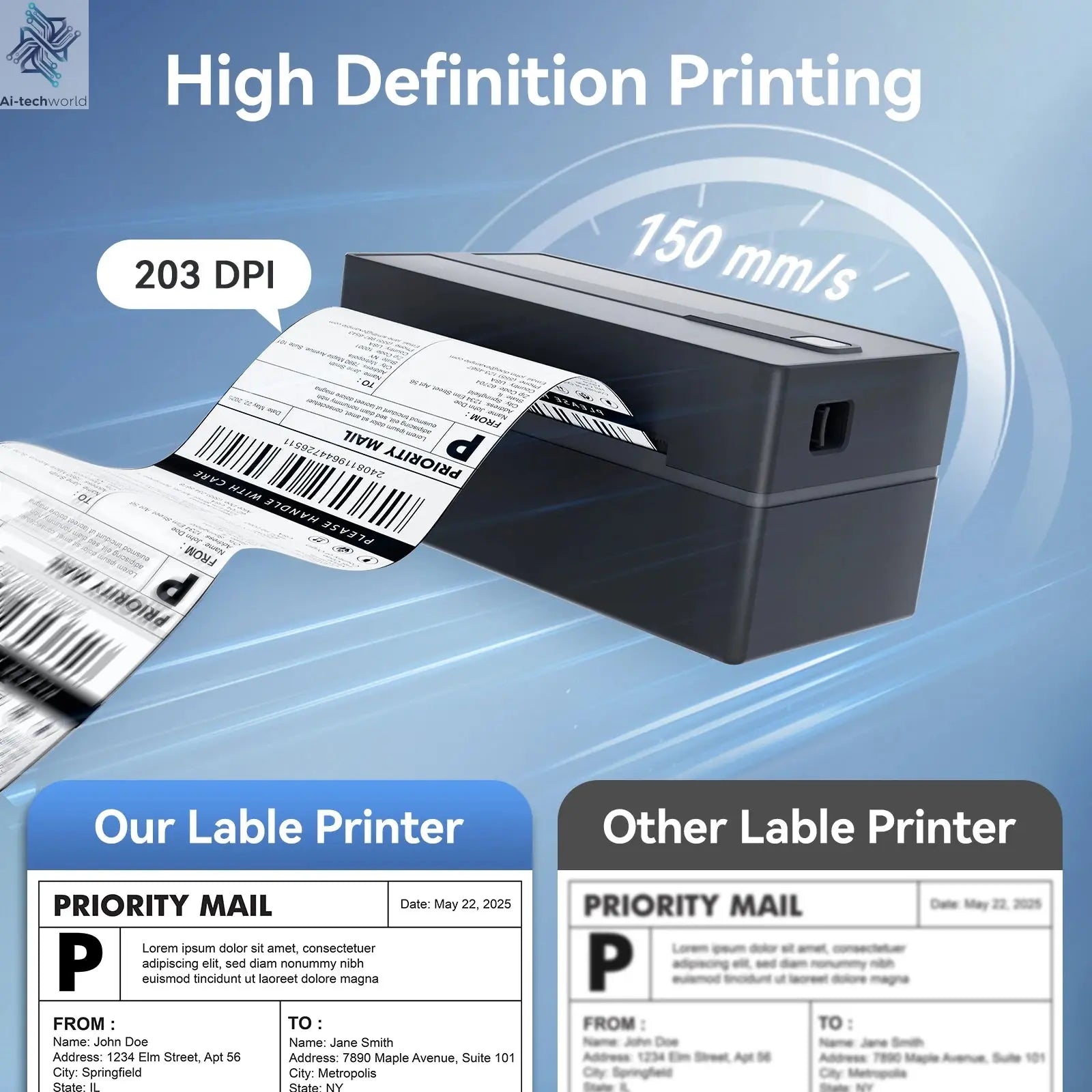 Thermal Label Printer Portable No Ink Required 300DPI 4x6 for Small Business WiFi Bluetooth USB High Speed Express Airway Bill Ai-TechWorld 