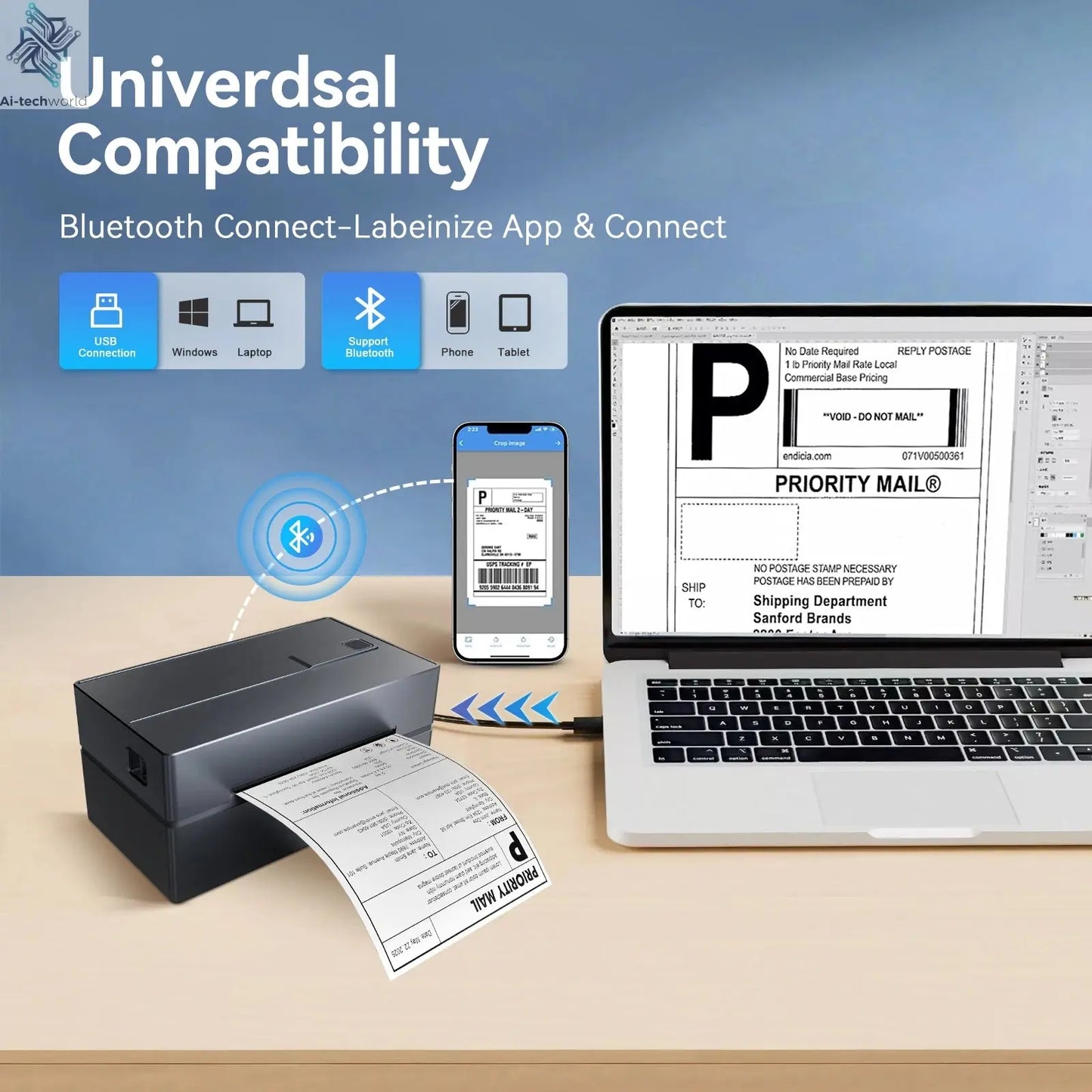 Thermal Label Printer Portable No Ink Required 300DPI 4x6 for Small Business WiFi Bluetooth USB High Speed Express Airway Bill Ai-TechWorld 