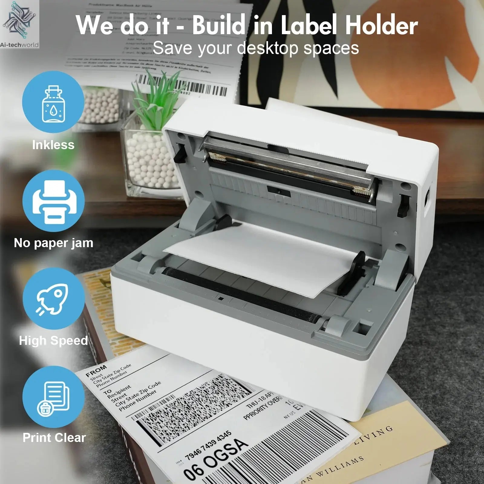 Thermal Label Printer Portable No Ink Required 300DPI 4x6 for Small Business WiFi Bluetooth USB High Speed Express Airway Bill Ai-TechWorld 