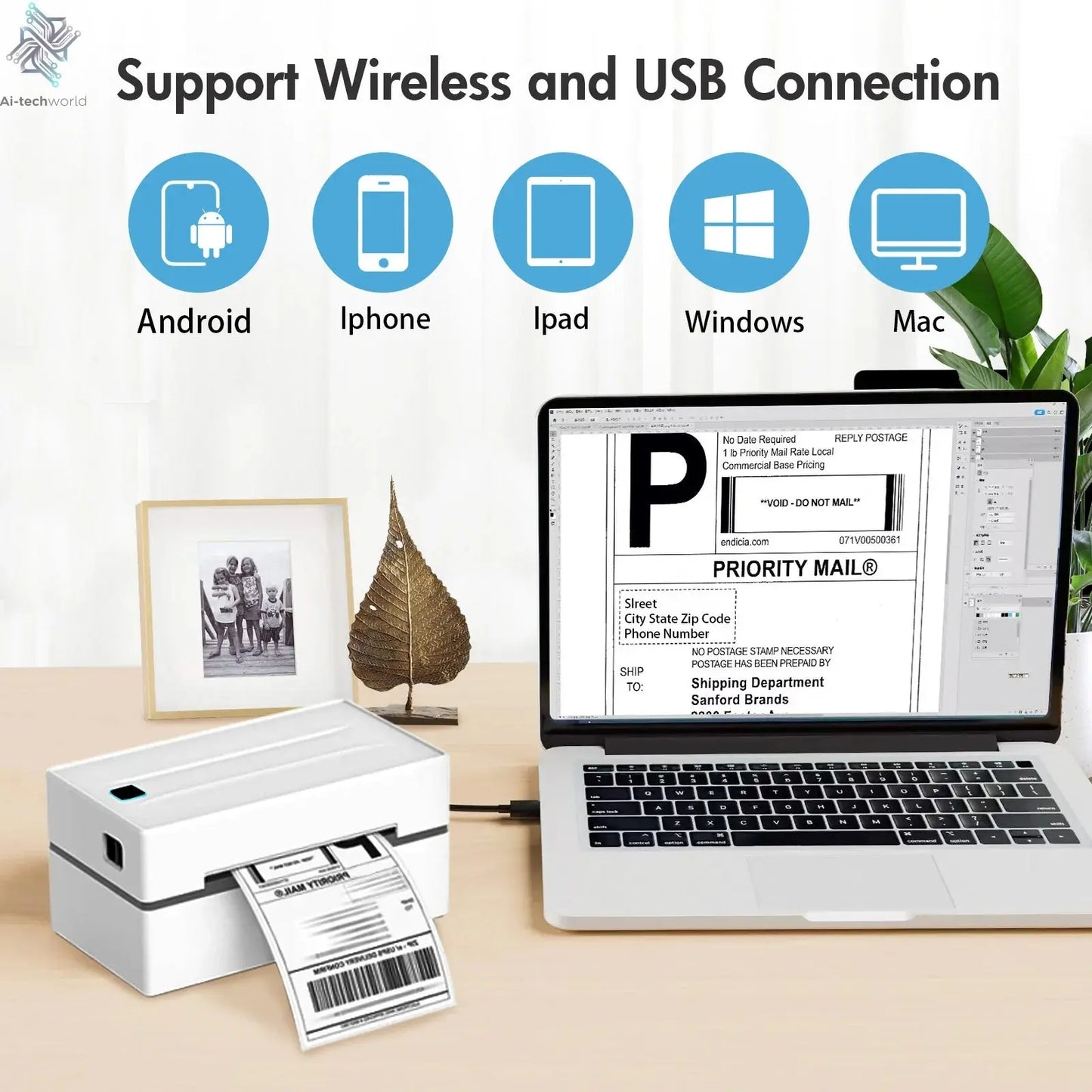 Thermal Label Printer Portable No Ink Required 300DPI 4x6 for Small Business WiFi Bluetooth USB High Speed Express Airway Bill Ai-TechWorld 