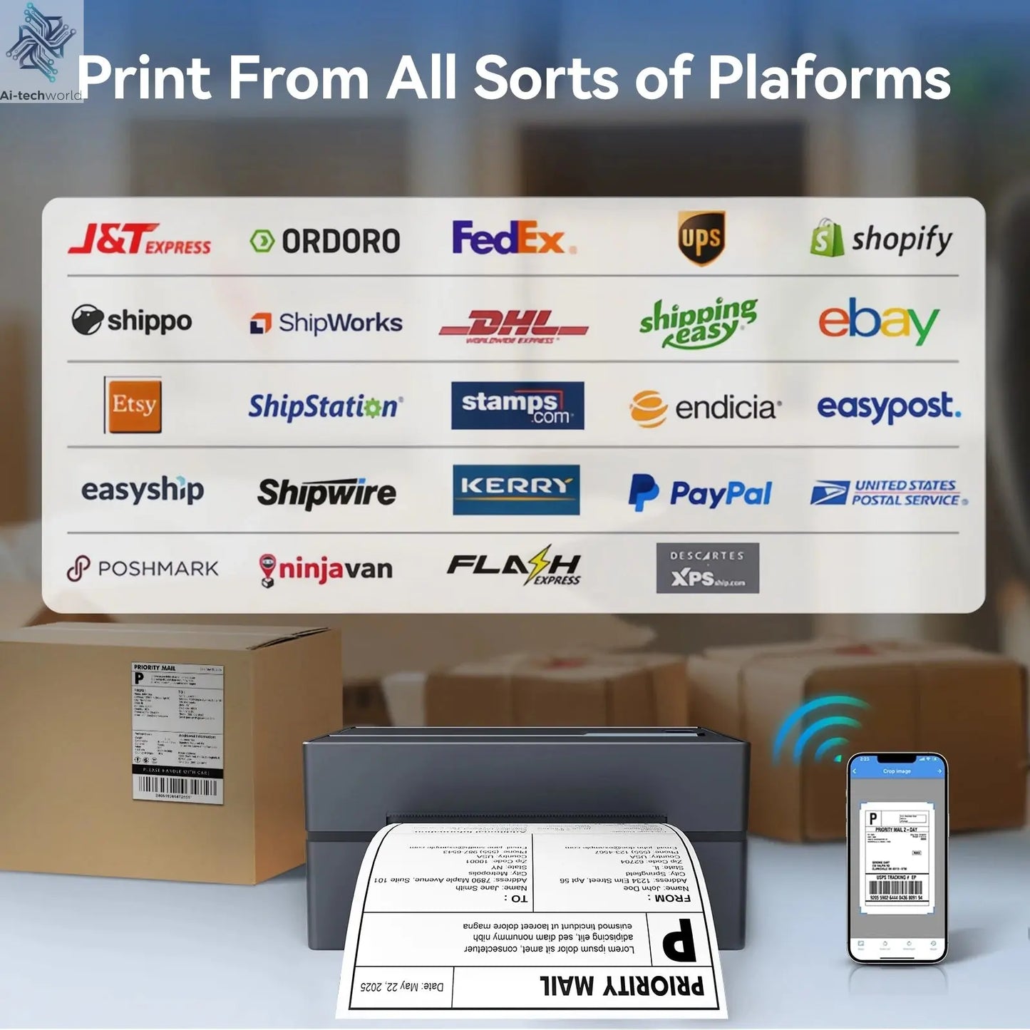 Thermal Label Printer Portable No Ink Required 300DPI 4x6 for Small Business WiFi Bluetooth USB High Speed Express Airway Bill Ai-TechWorld 