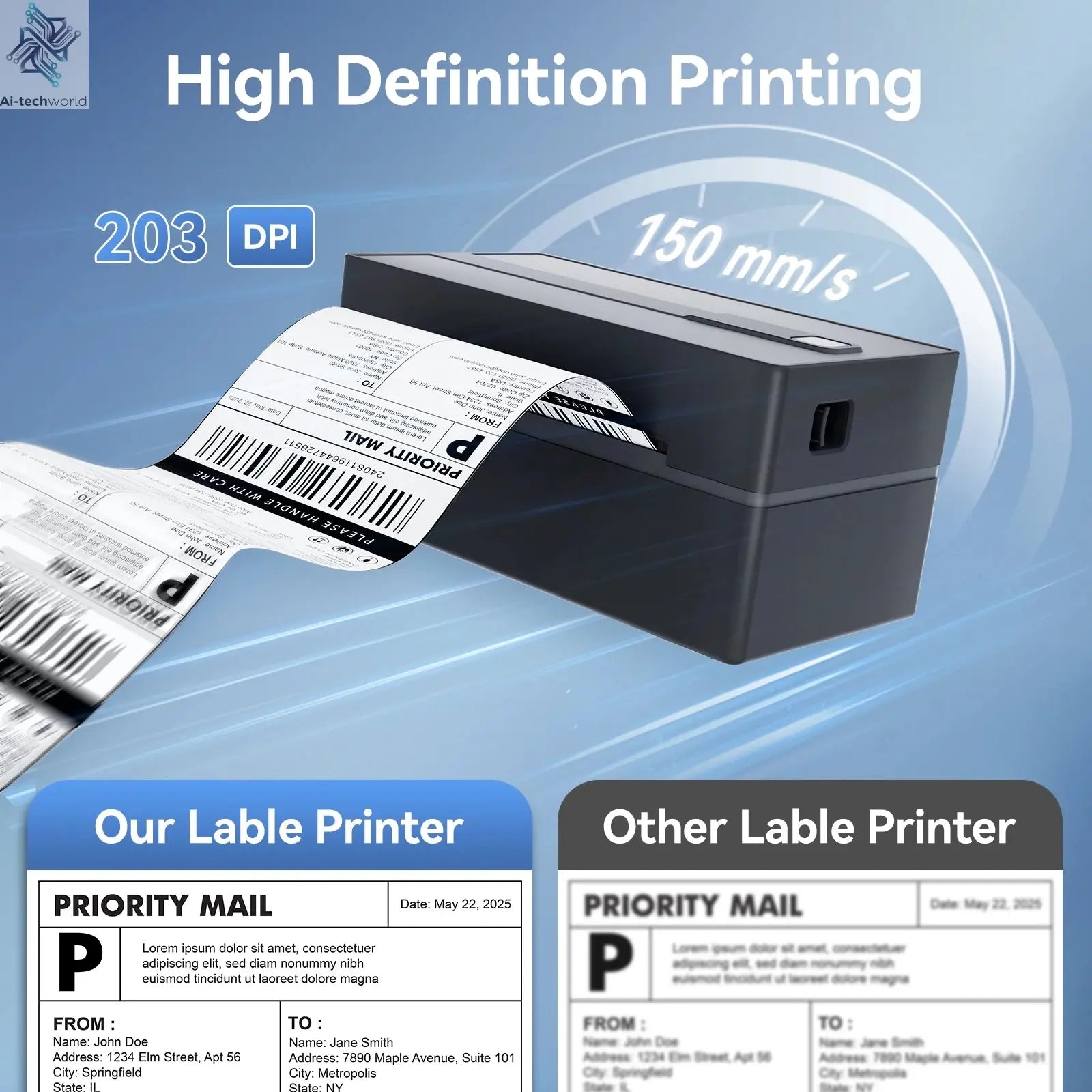 Thermal Label Printer Portable No Ink Required 300DPI 4x6 for Small Business WiFi Bluetooth USB High Speed Express Airway Bill Ai-TechWorld 