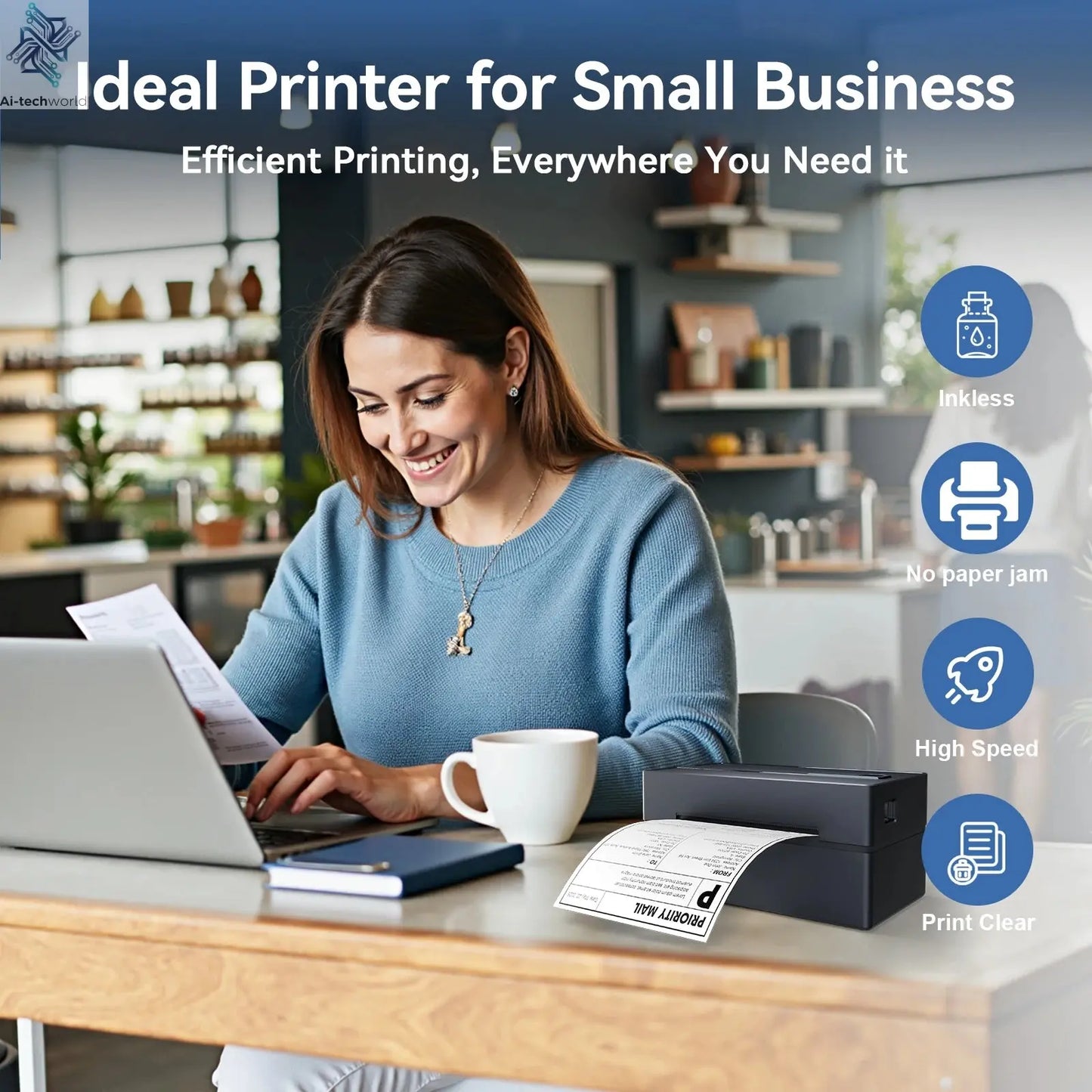 Thermal Label Printer Portable No Ink Required 300DPI 4x6 for Small Business WiFi Bluetooth USB High Speed Express Airway Bill Ai-TechWorld 
