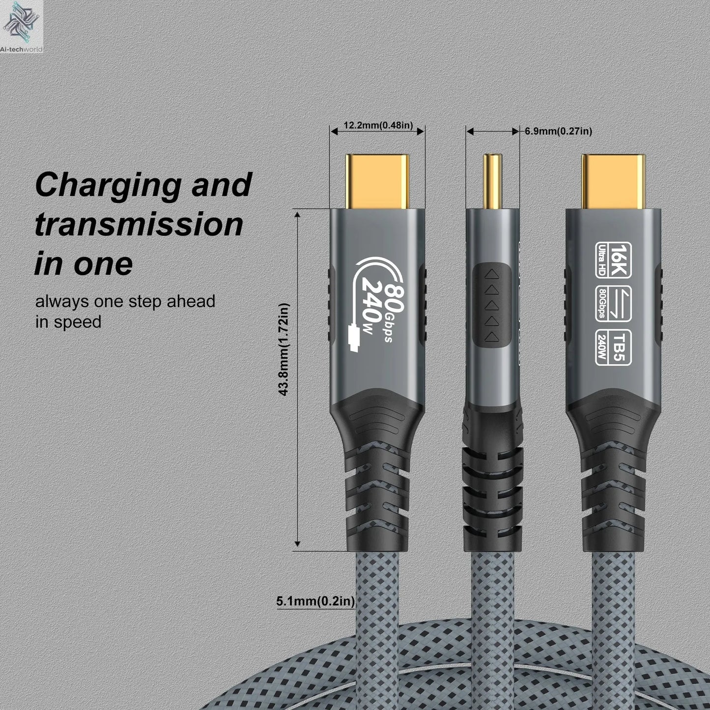 Thunderbolt 5 Type-C Cable 16K@30Hz 8K 48V/5A  PD240W 80Gbps Type-C to USB C for iphone 15 Pro Tablet Switch Laptop MacBook Pro - Ai-TechWorld