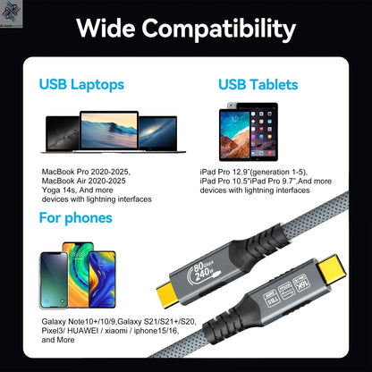 Thunderbolt 5 Type-C Cable 16K@30Hz 8K 48V/5A  PD240W 80Gbps Type-C to USB C for iphone 15 Pro Tablet Switch Laptop MacBook Pro - Ai-TechWorld