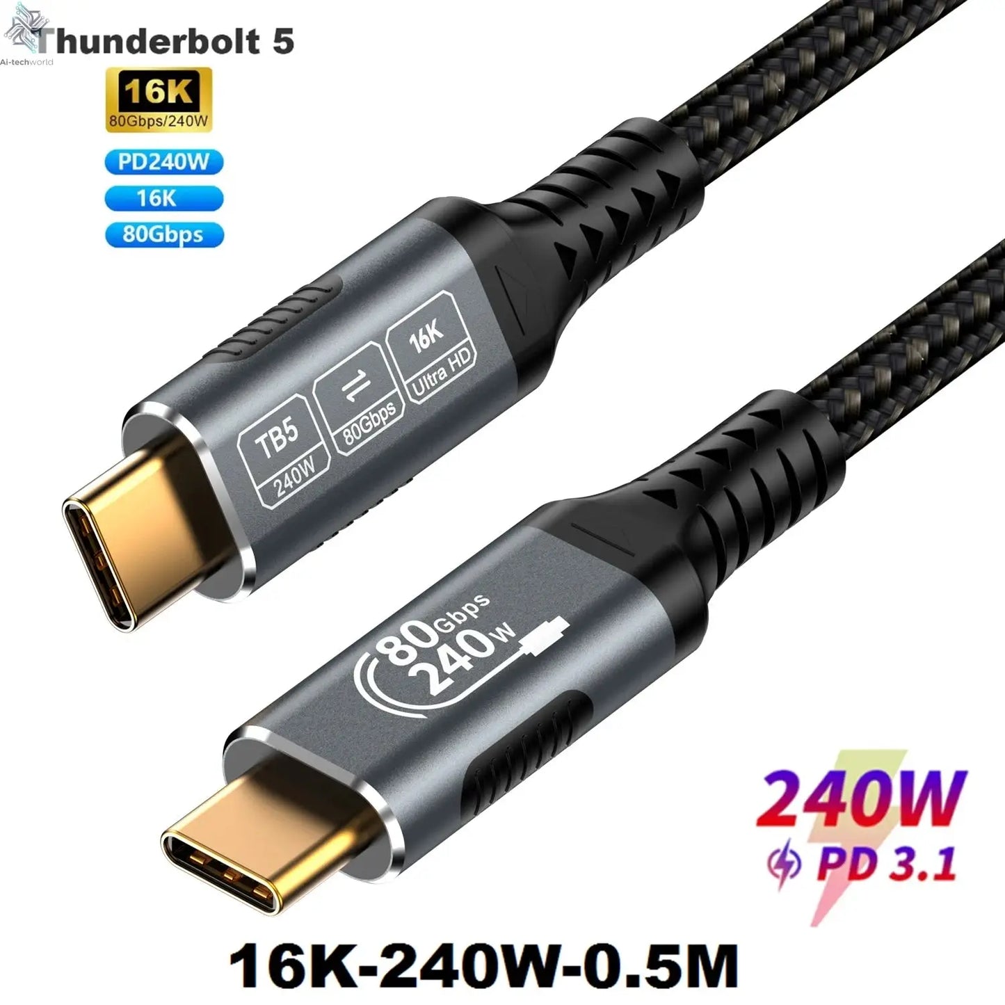 Thunderbolt 5 Type-C Cable 16K@30Hz 8K 48V/5A  PD240W 80Gbps Type-C to USB C for iphone 15 Pro Tablet Switch Laptop MacBook Pro - Ai-TechWorld