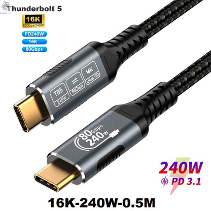 Thunderbolt 5 Type-C Cable 16K@30Hz 8K 48V/5A  PD240W 80Gbps Type-C to USB C for iphone 15 Pro Tablet Switch Laptop MacBook Pro - Ai-TechWorld