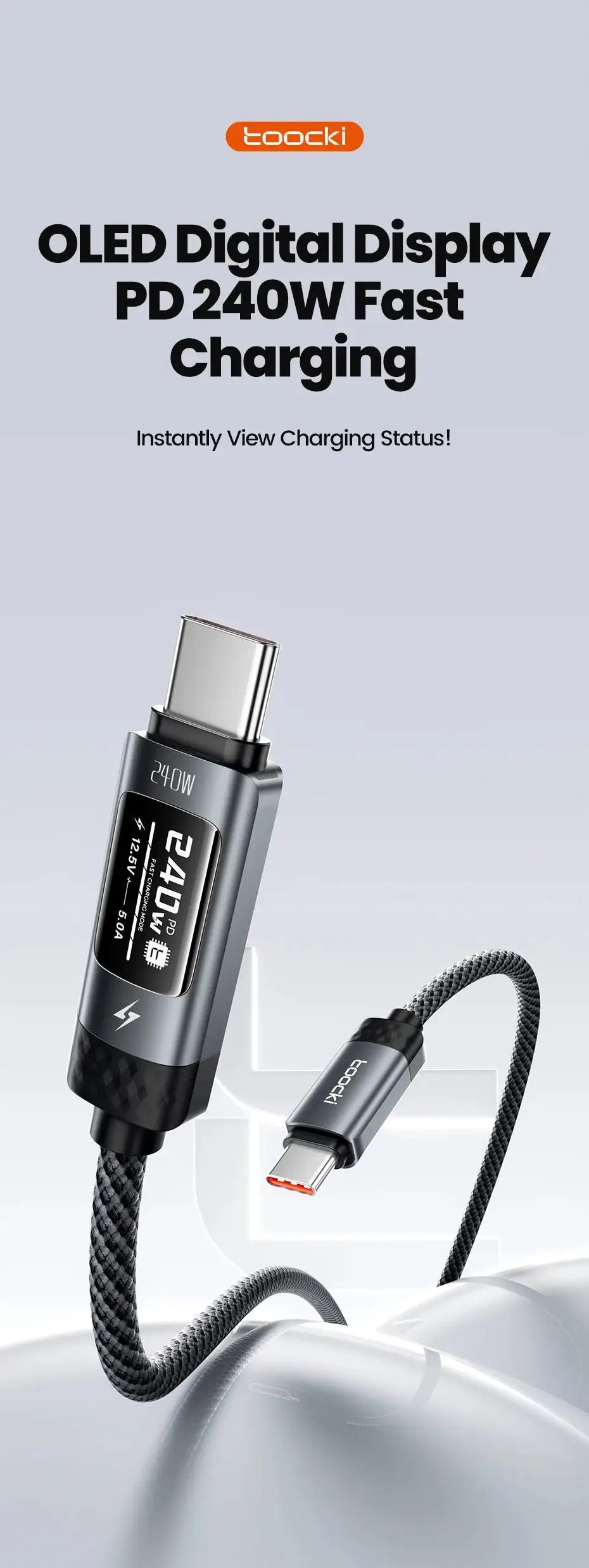 Toocki 240W USB C to USB C Cable LED Digital Display PD3.1 Fast Charging Type C to Type C Cable For Macbook iPhone 17 16 Samsung Ai-TechWorld 