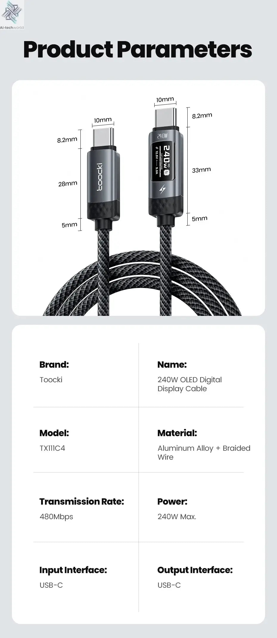 Toocki 240W USB C to USB C Cable LED Digital Display PD3.1 Fast Charging Type C to Type C Cable For Macbook iPhone 17 16 Samsung Ai-TechWorld 