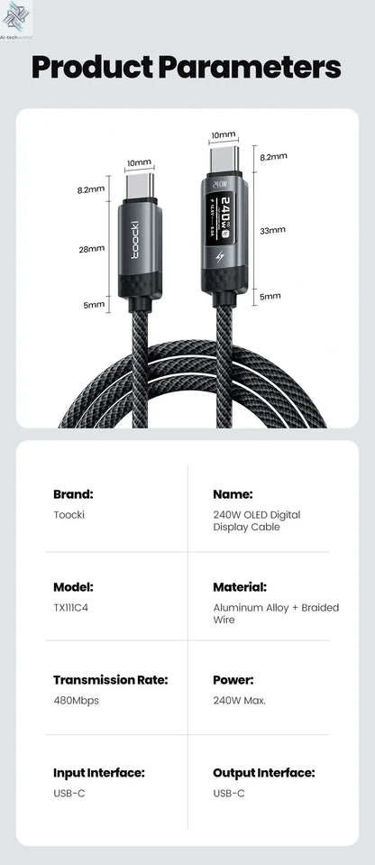 Toocki 240W USB C to USB C Cable LED Digital Display PD3.1 Fast Charging Type C to Type C Cable For Macbook iPhone 17 16 Samsung Ai-TechWorld 