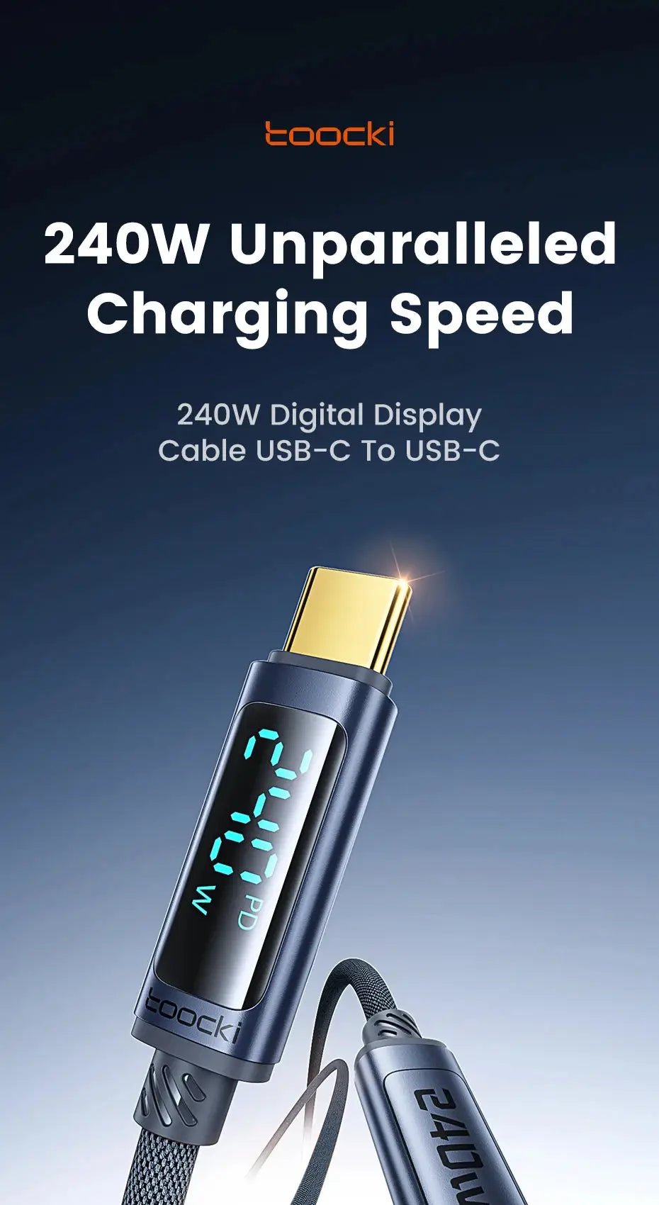 Toocki 240W USB C to USB C Cable LED Digital PD3.1 QC4.0 Fast Charging Dual C Cable for iPhone 15 Pro Macbook 480Mbps Data Cord Ai-TechWorld 