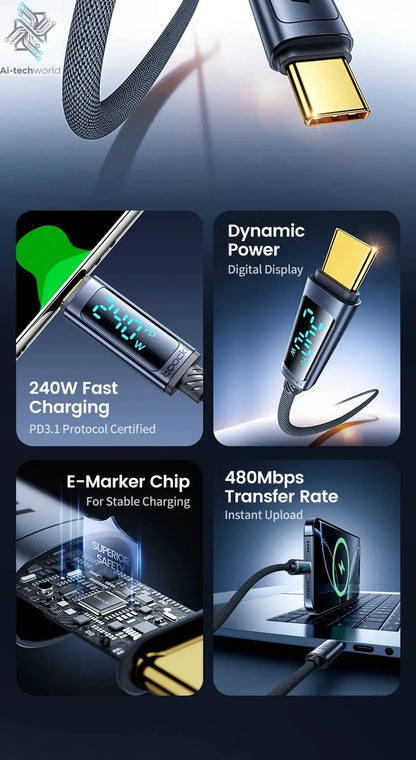 Toocki 240W USB C to USB C Cable LED Digital PD3.1 QC4.0 Fast Charging Dual C Cable for iPhone 15 Pro Macbook 480Mbps Data Cord Ai-TechWorld 