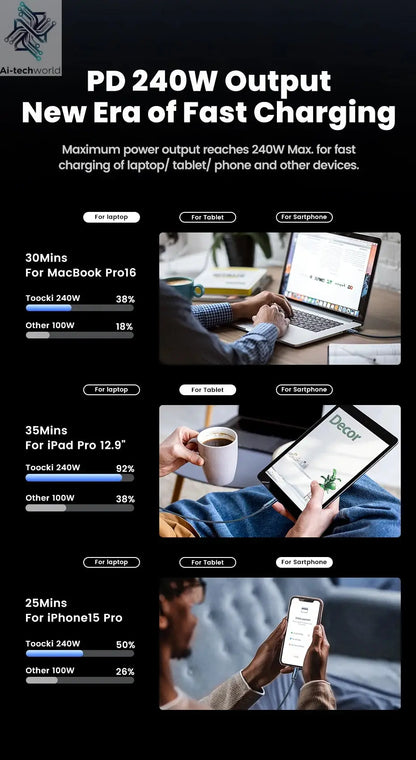 Toocki 240W USB C to USB C Cable LED Digital PD3.1 QC4.0 Fast Charging Dual C Cable for iPhone 15 Pro Macbook 480Mbps Data Cord Ai-TechWorld 