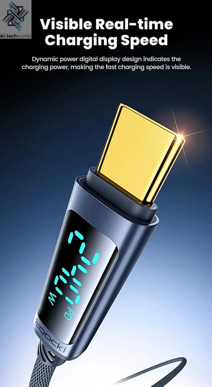 Toocki 240W USB C to USB C Cable LED Digital PD3.1 QC4.0 Fast Charging Dual C Cable for iPhone 15 Pro Macbook 480Mbps Data Cord Ai-TechWorld 