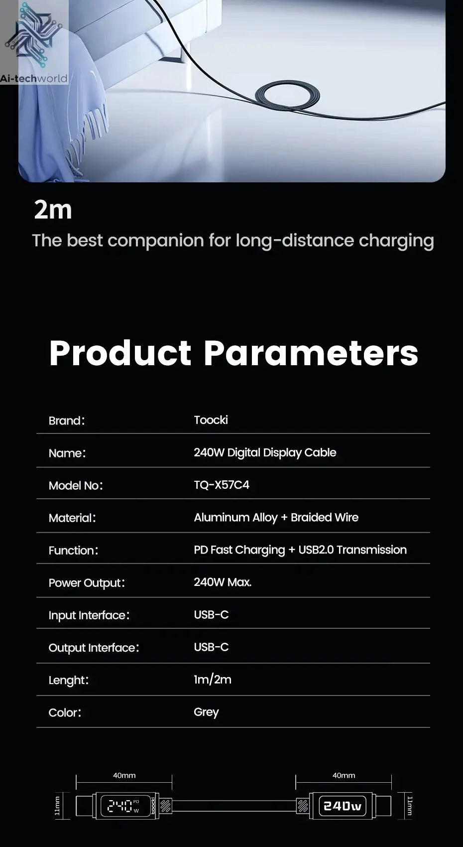 Toocki 240W USB C to USB C Cable LED Digital PD3.1 QC4.0 Fast Charging Dual C Cable for iPhone 15 Pro Macbook 480Mbps Data Cord Ai-TechWorld 