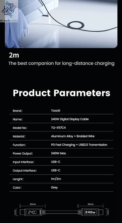 Toocki 240W USB C to USB C Cable LED Digital PD3.1 QC4.0 Fast Charging Dual C Cable for iPhone 15 Pro Macbook 480Mbps Data Cord Ai-TechWorld 