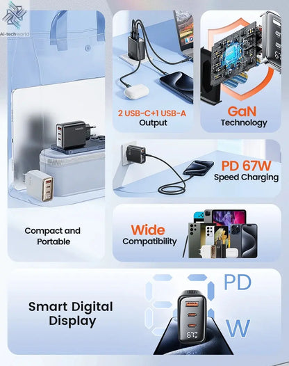 Toocki 67W GaN USB Type C Charger Digital Display 65W 45W PPS PD QC4.0 Quick Charge For Macbook Laptop IPAD Tablet iPhone 15 14 Ai-TechWorld 