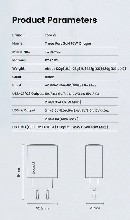 Toocki 67W GaN USB Type C Charger Digital Display 65W 45W PPS PD QC4.0 Quick Charge For Macbook Laptop IPAD Tablet iPhone 15 14 Ai-TechWorld 